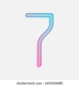 Number 7, numeral, seventh. Colored logo with diagonal lines and blue-red gradient. Neon graphic, light effect