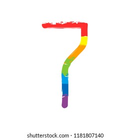 Number 7, numeral, seventh. Drawing sign with LGBT style, seven colors of rainbow (red, orange, yellow, green, blue, indigo, violet