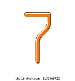 Number 7, numeral, seventh. Isolated icon consisting of black thin contour and orange moved filling on different layers. White background
