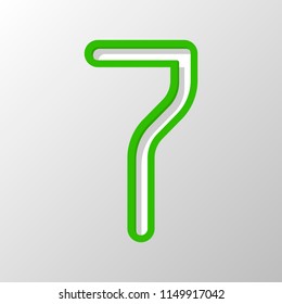 Number 7, numeral, seventh. Paper style. Cut symbol with green bold contour on shape and simple shadow