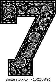 number 7 with paisley pattern design. Embroidery style in black color. Isolated on white