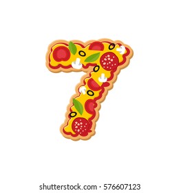 Number 7 pizza font. Italian meal alphabet numeral seven. Lettring fast food
