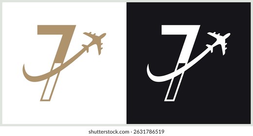 Number 7 Plane Travel Logo Template Design Vector, line Design Concept, Creative Symbol, Icon