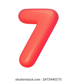 Number 7. Red digit seven in 3d style. Realistic design in cartoon balloon style, elements isolated on white background. Vector illustration