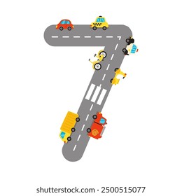 Number 7. Road numbers. Children game. Learning numerals. Vector illustration.