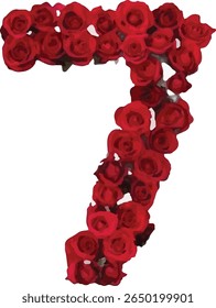 The number "7" seven is depicted using a cluster of red roses, forming the digit's shape with the blooms tightly arranged together.