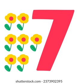 Number 7. Seven flowers. Learning to count for children. Vector illustration on white background.