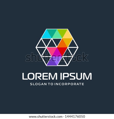 Number 7 seven  and hexagon logo design, with colorful triangle pixel , technology digital concept - Vector