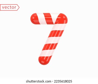 Number 7. Number Seven sign white intertwined with red ribbon. 3d Numeral as Candy Cane in cartoon style. Realistic glossy object isolated on white background. 3D symbol icon vector illustration