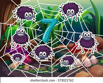 Number 7 with seven spiders on web illustration