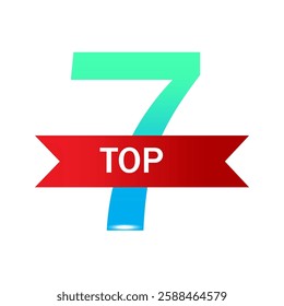 Number 7 shape. Bright seven figure. Red TOP ribbon. Vector numeric icon.