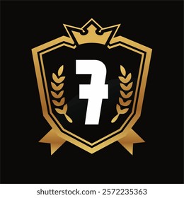 Number 7 Shield Logo with Golden Crown, Laurel Wreaths, and Black Background Premium Award Design Concept