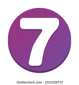 Number 7 sign design template element. Vector. White icon with flat shadow on purpureus circle at white background. Isolated.