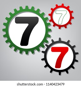 Number 7 sign design template element. Vector. Three connected gears with icons at grayish background.