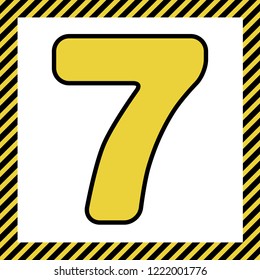 Number 7 sign design template element. Vector. Warm yellow icon with black contour in frame named as under construction at white background. Isolated.