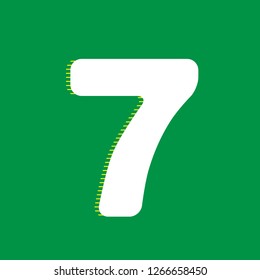 Number 7 sign design template element. Vector. White flat icon with yellow striped shadow at green background.