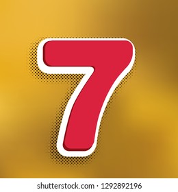 Number 7 sign design template element. Vector. Magenta icon with darker shadow, white sticker and black popart shadow on golden background.