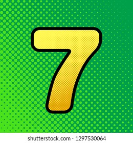 Number 7 sign design template element. Vector. Pop art orange to yellow dots-gradient icon with black contour at greenish background.