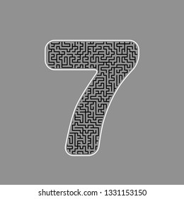 Number 7 sign design template element. Vector. Black maze filled icon with white border at gray background.