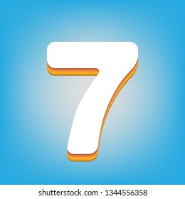 Number 7 sign design template element. Vector. White icon with 3d warm-colored gradient body at sky blue background.