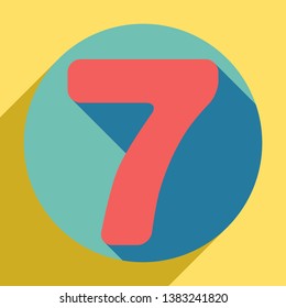 Number 7 sign design template element. Sunset orange icon with llapis lazuli shadow inside medium aquamarine circle with different goldenrod shadow at royal yellow background.
