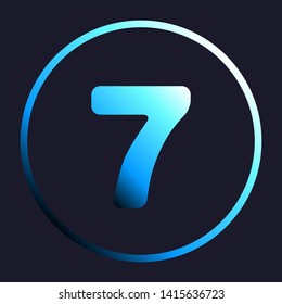 Number 7 sign design template element. White, cyan and blue gradient icon as round button in white shell at dark blue background. Illustration.