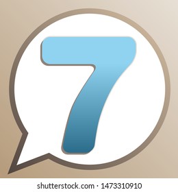 Number 7 sign design template element. Bright cerulean icon in white speech balloon at pale taupe background. Illustration.