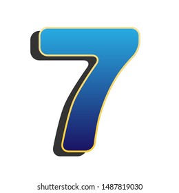 Number 7 sign design template element. Blue icon with gold contour with dark gray shadow at white background. Illustration.