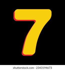Number 7 sign design template element. 3D Extruded Yellow Icon with Red Sides a Black background. Illustration.