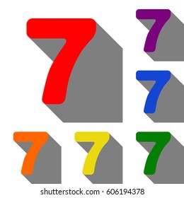 Number 7 sign design template element. Set of red, orange, yellow, green, blue and violet icons at white background with flat shadow.