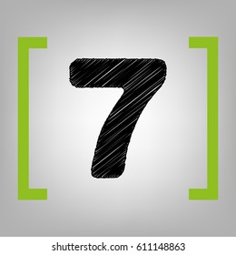 Number 7 sign design template element. Vector. Black scribble icon in citron brackets on grayish background.