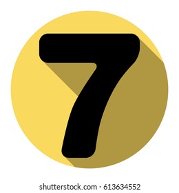 Number 7 sign design template element. Vector. Flat black icon with flat shadow on royal yellow circle with white background. Isolated.