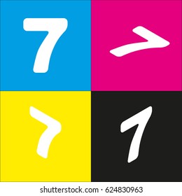 Number 7 sign design template element. Vector. White icon with isometric projections on cyan, magenta, yellow and black backgrounds.