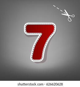 Number 7 sign design template element. Vector. Red icon with for applique from paper with shadow on gray background with scissors.