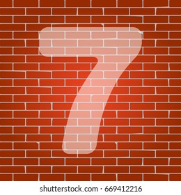 Number 7 sign design template element. Vector. Whitish icon on brick wall as background.