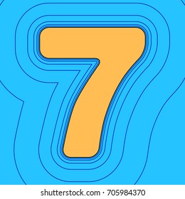 Number 7 sign design template element. Vector. Sand color icon with black contour and equidistant blue contours like field at sky blue background. Like waves on map - island in ocean or sea.