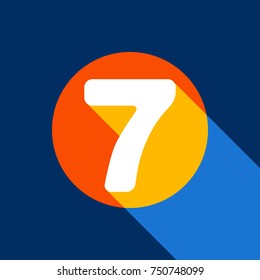 Number 7 sign design template element. Vector. White icon on tangelo circle with infinite shadow of light at cool black background. Selective yellow and bright navy blue are produced.
