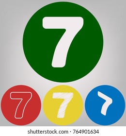 Number 7 sign design template element. Vector. 4 white styles of icon at 4 colored circles on light gray background.