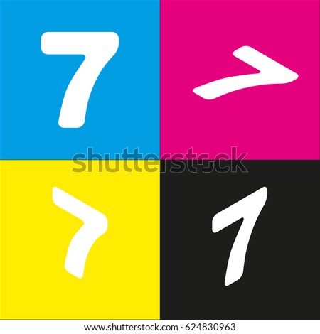 Number 7 sign design template element. Vector. White icon with isometric projections on cyan, magenta, yellow and black backgrounds.