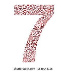 Number 7 sign henna tattoo doodle vector ornament on white background. For banner, poster, flyer, signboard, menu