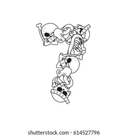 Number 7 skeleton. Bones Font seven. Anatomy of an alphabet symbol. dead ABC sign
