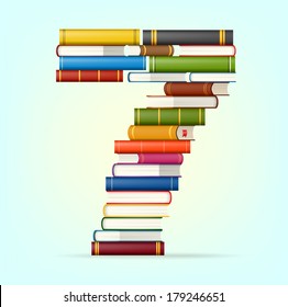 Number 7. Stacks of multi colored books vector illustration