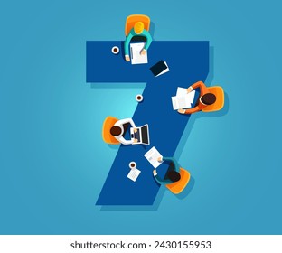 Number 7. Team works together at a table in the shape of the number seven. Creative font. Flat vector illustration.