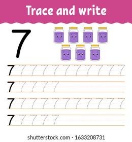 Number 7. Trace and write. Handwriting practice. Learning numbers for kids. Education developing worksheet. Color activity page. Isolated vector illustration in cute cartoon style.
