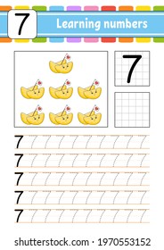 Number 7. Trace and write. Handwriting practice. Learning numbers for kids. Education developing worksheet. Activity page. Isolated vector illustration in cute cartoon style.