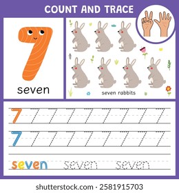 Number 7 tracing worksheet for kids. Learning numbers activity page for pre-school. Count and trace number seven template with cute rabbits. Vector illustration