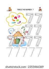 Number 7 tracking practice worksheet for children learning to count and write.      