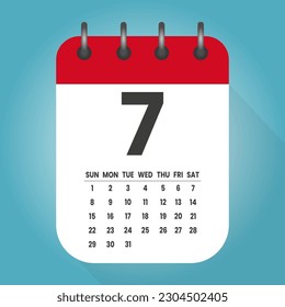 Number 7 - vector icon calendar days. 7th day of the month. Illustration flat style. Date of week, month, year Sunday, Monday, Tuesday, Wednesday, Thursday, Friday, Saturday. Holiday calendare date