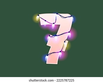 Number 7 vector illustration. Digits with glowing Christmas lights and bulbs. Counting figure for decoration. Festive set in playful style. Glowing seven sign