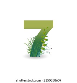 Number 7 vector illustration with twigs, leaves and grass. Natural style.